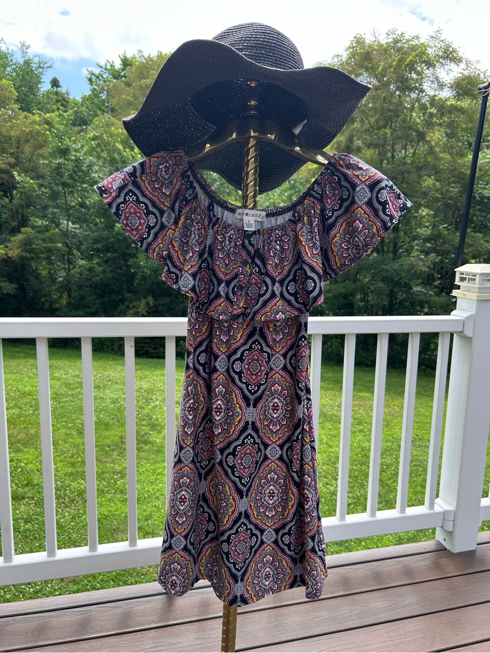 Eye Candy Women's Ruffle-Top Patterned Dress in Black and Pink